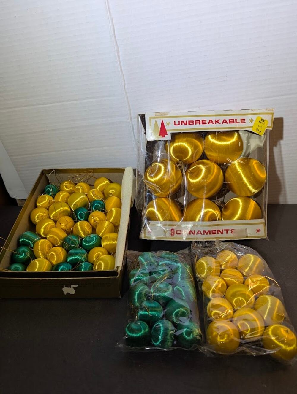 holiday lot of  68 spun nylon ornamets mini green gold 2" and 1"